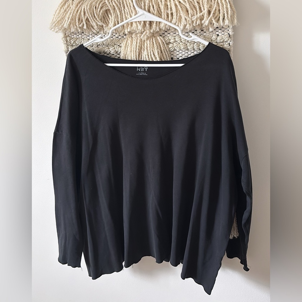 Planet by Lauren G Raw Hem Pima Cotton Sweatshirt Long Sleeve Black One Size - Picture 2 of 5